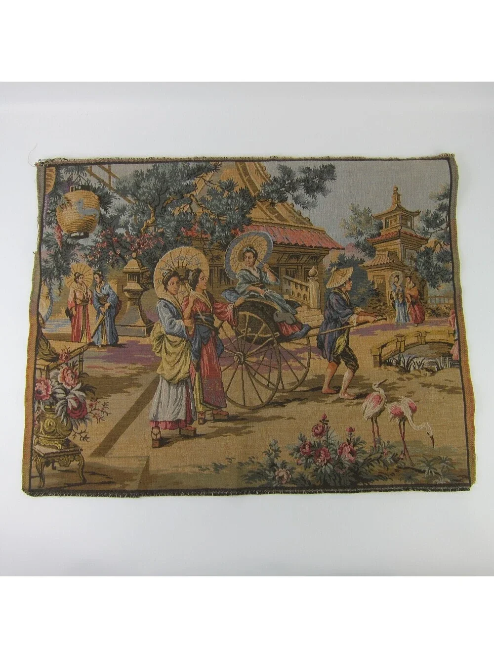 Vintage French Tapestry Japanese Geisha Parasol Cart Pagoda with Rod 25 x 19